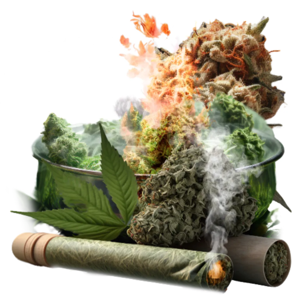 Cannabis buds, joint and leaves with smoke