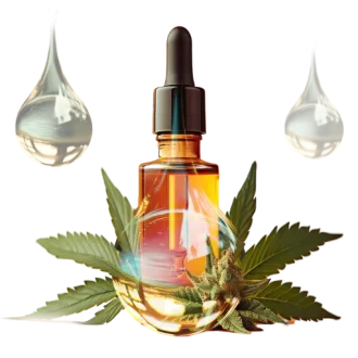 CBD oil bottle with droplets and hemp leaves.