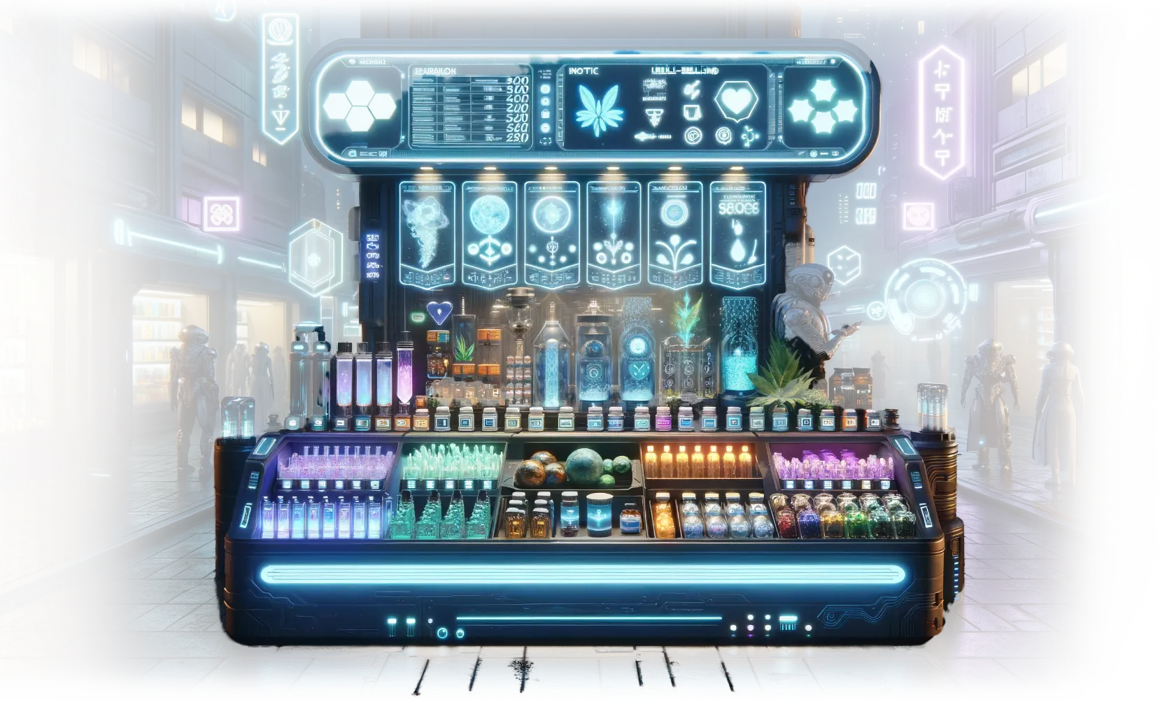 Futuristic cityscape with neon market stall and cyborgs.
